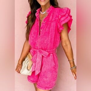 Sewn & Seen, Mineral Washed Pink Ruffled Jumper with Collar & Pockets